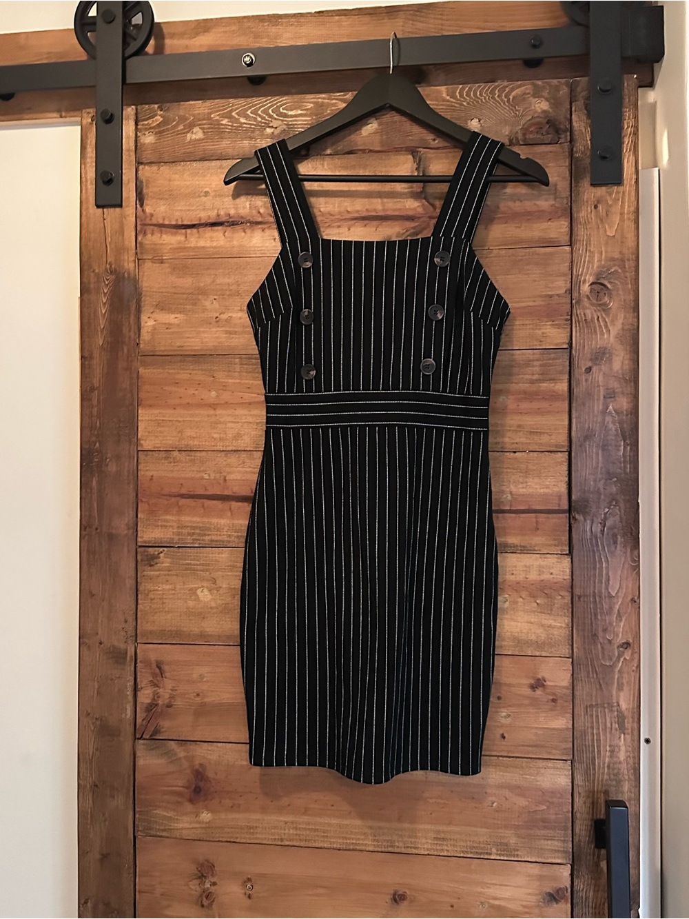 Black Pinstripe Button-Detail Sleeveless Sheath Dress